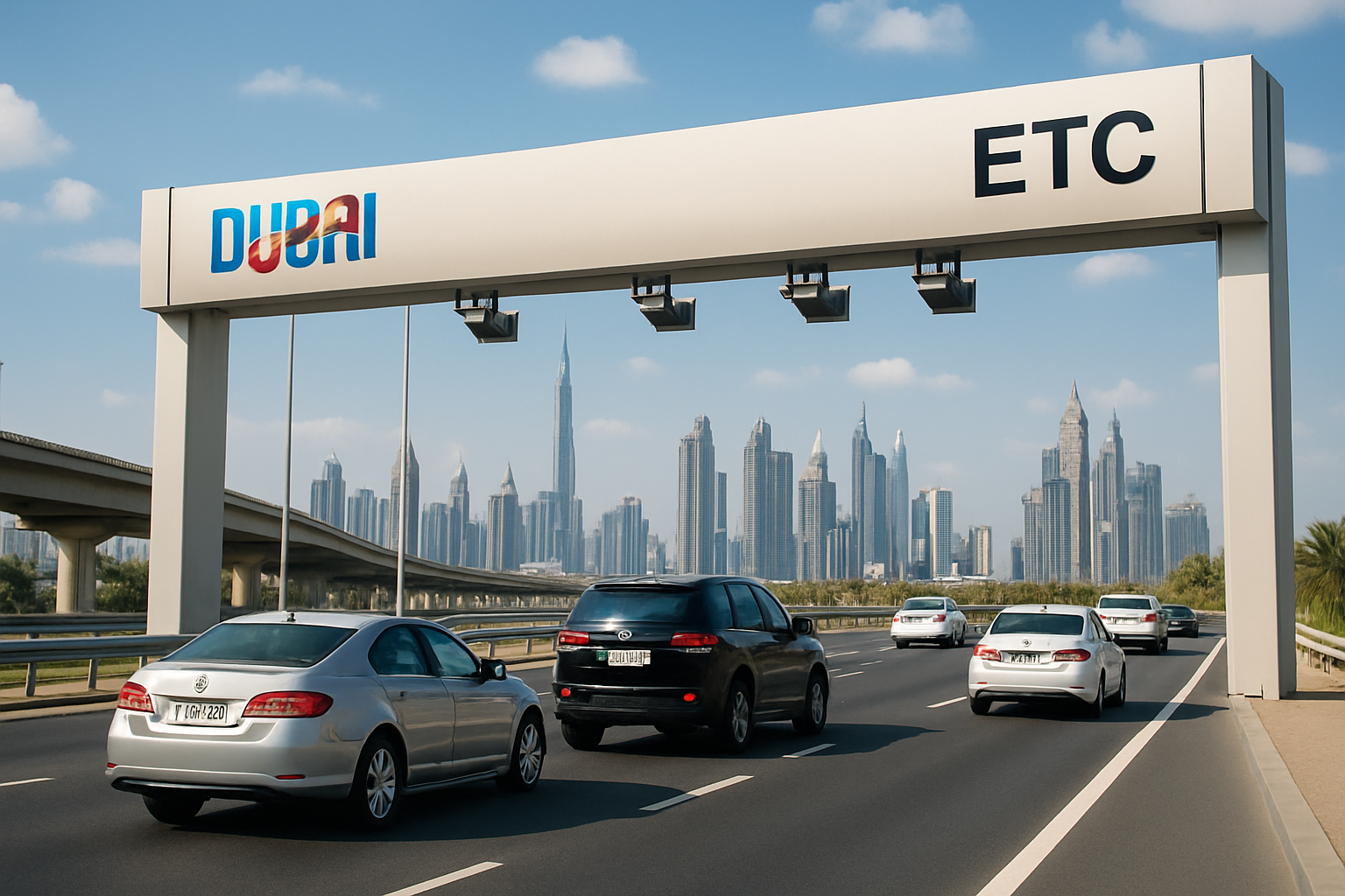 Cars passing through electronic toll collection system in Dubai