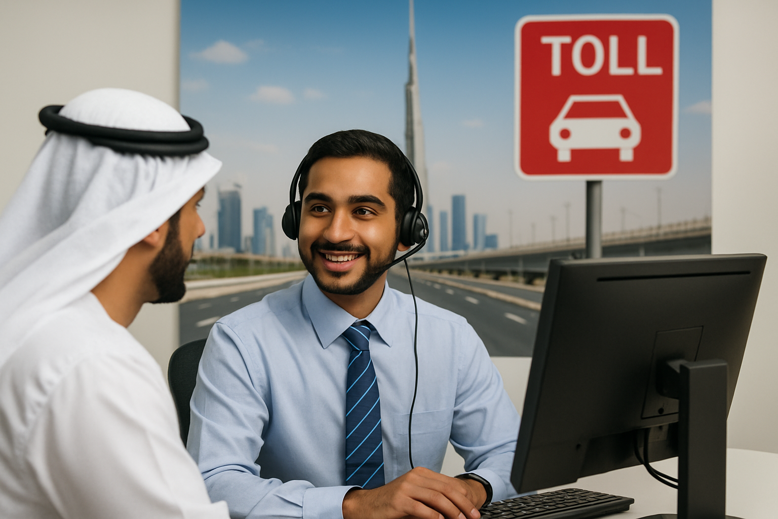 Customer service representative assisting toll road users in Dubai
