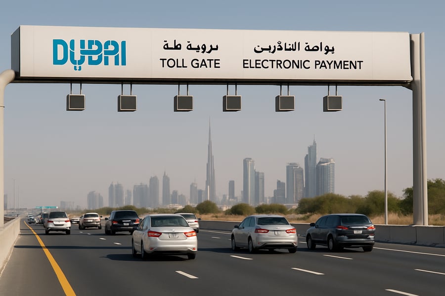 Dubai toll road with electronic payment gantry Dubai toll road with electronic payment gantry